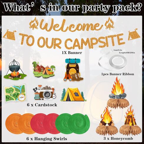 Camping Themed Party Decorations Banner - Glitter Welcome to Our Campsite Decoration with Banner Hanging Swirls Honeycomb, Camping Adventure Tent Campfire Party Supplies for Boys Girls Kids in Saudi Arabia
