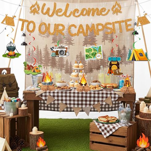 Camping Themed Party Decorations Banner - Glitter Welcome to Our Campsite Decoration with Banner Hanging Swirls Honeycomb, Camping Adventure Tent Campfire Party Supplies for Boys Girls Kids in Saudi Arabia