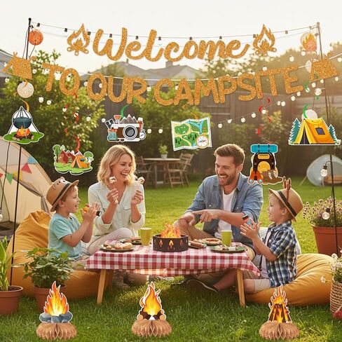 Camping Themed Party Decorations Banner - Glitter Welcome to Our Campsite Decoration with Banner Hanging Swirls Honeycomb, Camping Adventure Tent Campfire Party Supplies for Boys Girls Kids in Saudi Arabia