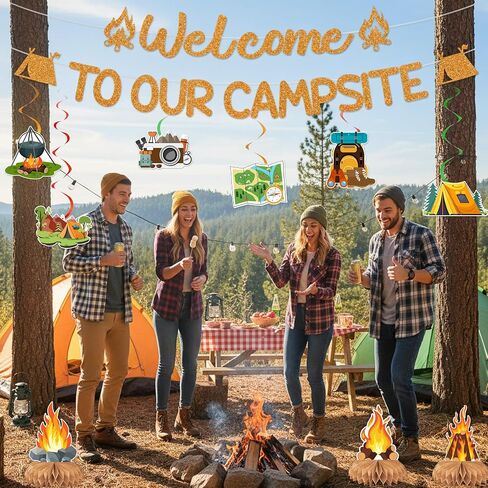 Camping Themed Party Decorations Banner - Glitter Welcome to Our Campsite Decoration with Banner Hanging Swirls Honeycomb, Camping Adventure Tent Campfire Party Supplies for Boys Girls Kids in Saudi Arabia