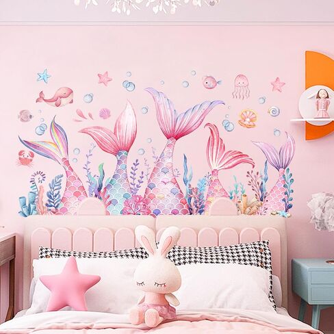 Mermaid Wall Stickers for Girls, sunoyar Mermaid Tail Wall Decals Peel & Stick, Removable Pink Under The Sea Bubble Seaweed Wall Art Decor for Bedroom Nursery Bathroom in Saudi Arabia