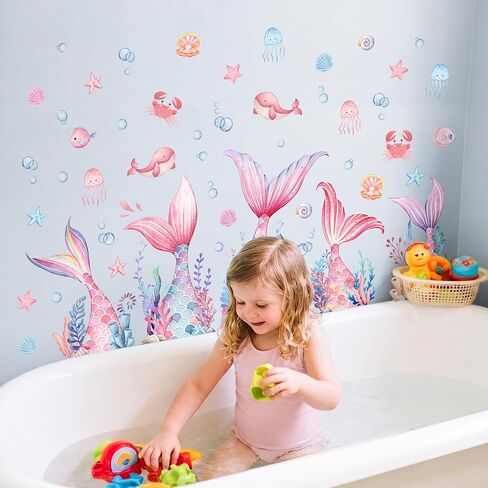 Mermaid Wall Stickers for Girls, sunoyar Mermaid Tail Wall Decals Peel & Stick, Removable Pink Under The Sea Bubble Seaweed Wall Art Decor for Bedroom Nursery Bathroom in Saudi Arabia