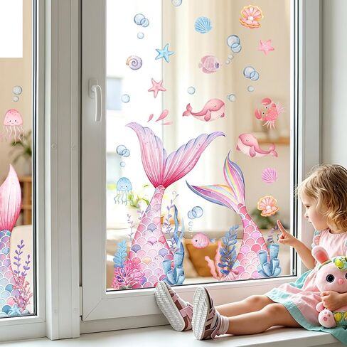 Mermaid Wall Stickers for Girls, sunoyar Mermaid Tail Wall Decals Peel & Stick, Removable Pink Under The Sea Bubble Seaweed Wall Art Decor for Bedroom Nursery Bathroom in Saudi Arabia