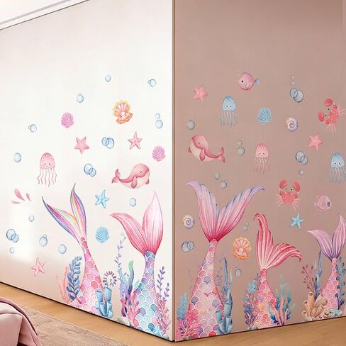Mermaid Wall Stickers for Girls, sunoyar Mermaid Tail Wall Decals Peel & Stick, Removable Pink Under The Sea Bubble Seaweed Wall Art Decor for Bedroom Nursery Bathroom in Saudi Arabia