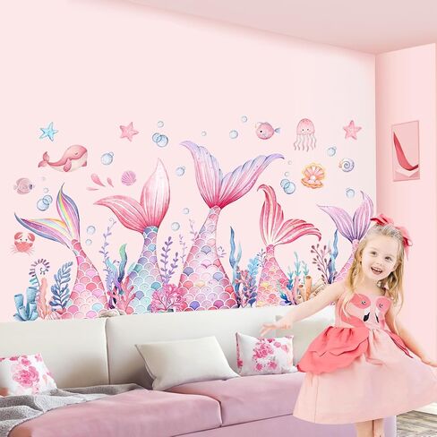 Mermaid Wall Stickers for Girls, sunoyar Mermaid Tail Wall Decals Peel & Stick, Removable Pink Under The Sea Bubble Seaweed Wall Art Decor for Bedroom Nursery Bathroom in Saudi Arabia