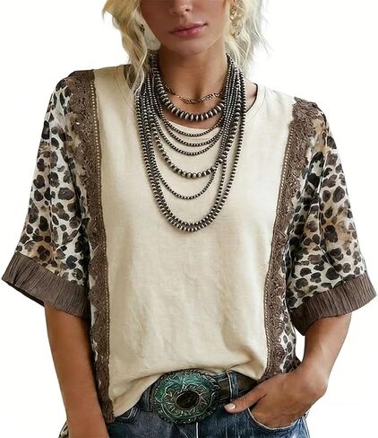 Women's Leopard Print Top Lace Trim Round Neck Short Sleeve Casual Boho Western T-Shirt in Saudi Arabia