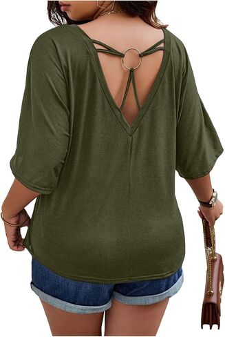 SOLY HUX Women's Plus Size Tops V Neck Half Sleeve T Shirts Ring Linked Backless Tees Summer Outfits in Saudi Arabia