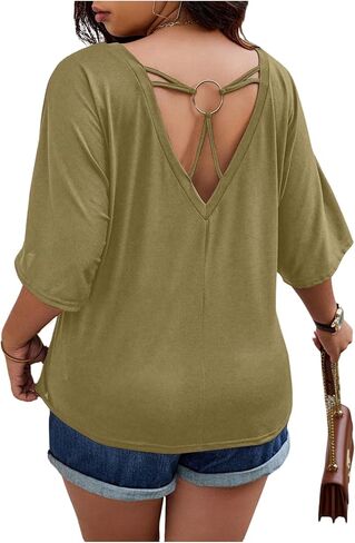 SOLY HUX Women's Plus Size Tops V Neck Half Sleeve T Shirts Ring Linked Backless Tees Summer Outfits in Kuwait
