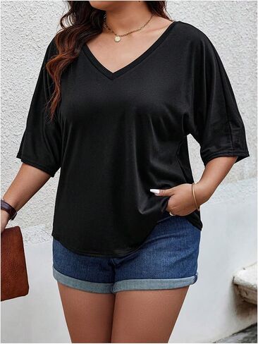 SOLY HUX Women's Plus Size Tops V Neck Half Sleeve T Shirts Ring Linked Backless Tees Summer Outfits in Kuwait