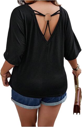 SOLY HUX Women's Plus Size Tops V Neck Half Sleeve T Shirts Ring Linked Backless Tees Summer Outfits in Kuwait