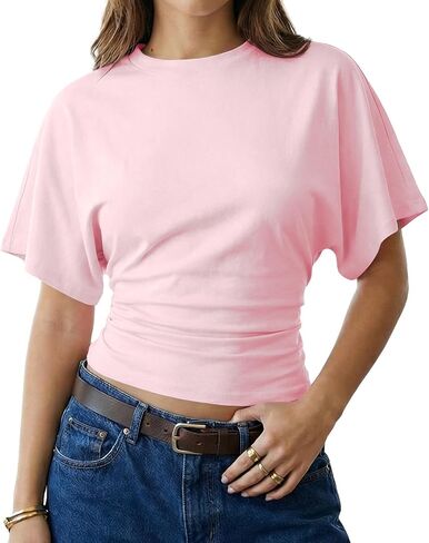 Cioatin Women Short Sleeve Ruched Cinched Waist Crop Tee Tops Y2K Vintage Clean Fit Round Neck Tshirt Casual Going Out Summer in Saudi Arabia