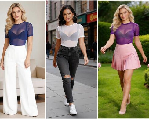 تي شيرت نسائي شبكي شفاف بأكمام قصيرة تي شيرت Bodycon شفاف من خلال ملابس النادي المثيرة للحفلات ورقبة مستديرة in Kuwait