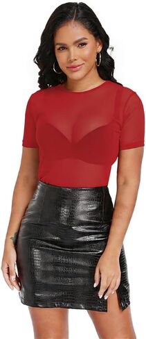 تي شيرت نسائي شبكي شفاف بأكمام قصيرة تي شيرت Bodycon شفاف من خلال ملابس النادي المثيرة للحفلات ورقبة مستديرة in Kuwait