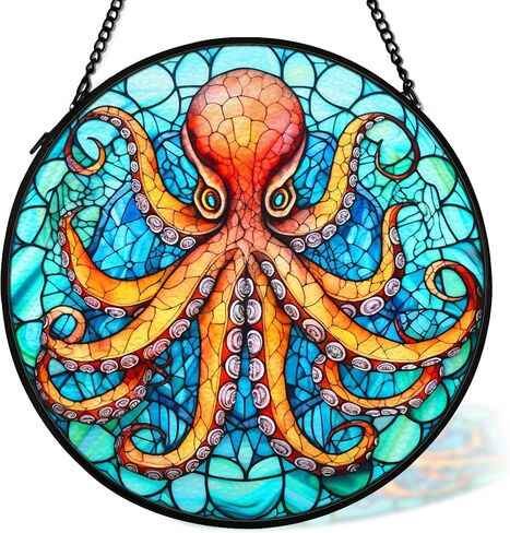 Coastal Beach Octopus Suncatcher Stained Glass Window Hanging Decor, Ocean Octopus Nautical Stained Glass Wall Decor Gifts, Beachy Sun Lawn Garden Catchers Window Hanging Wall Art, 7.9x7.9In in Saudi Arabia