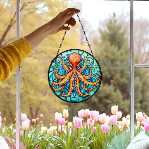 Coastal Beach Octopus Suncatcher Stained Glass Window Hanging Decor, Ocean Octopus Nautical Stained Glass Wall Decor Gifts, Beachy Sun Lawn Garden Catchers Window Hanging Wall Art, 7.9x7.9In in Saudi Arabia