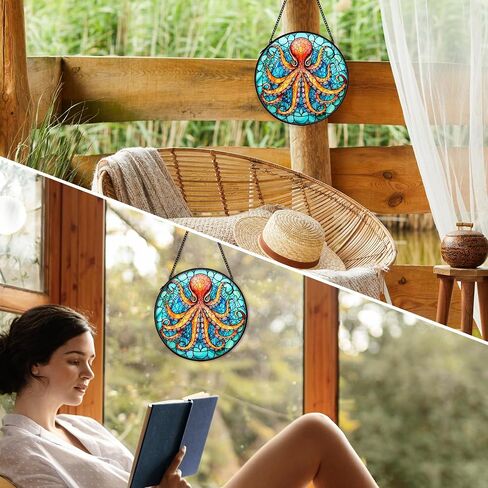Coastal Beach Octopus Suncatcher Stained Glass Window Hanging Decor, Ocean Octopus Nautical Stained Glass Wall Decor Gifts, Beachy Sun Lawn Garden Catchers Window Hanging Wall Art, 7.9x7.9In in Saudi Arabia