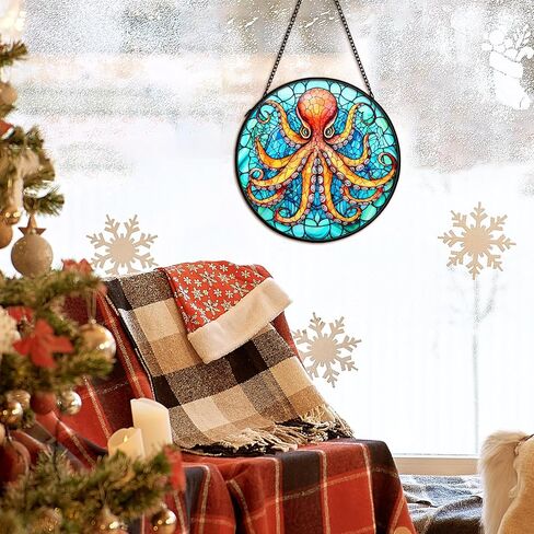 Coastal Beach Octopus Suncatcher Stained Glass Window Hanging Decor, Ocean Octopus Nautical Stained Glass Wall Decor Gifts, Beachy Sun Lawn Garden Catchers Window Hanging Wall Art, 7.9x7.9In in Saudi Arabia