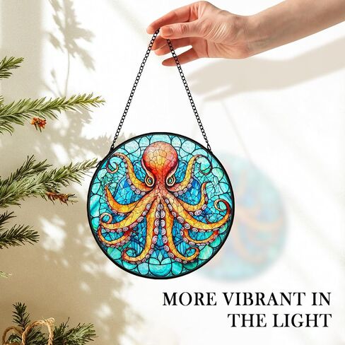 Coastal Beach Octopus Suncatcher Stained Glass Window Hanging Decor, Ocean Octopus Nautical Stained Glass Wall Decor Gifts, Beachy Sun Lawn Garden Catchers Window Hanging Wall Art, 7.9x7.9In in Saudi Arabia