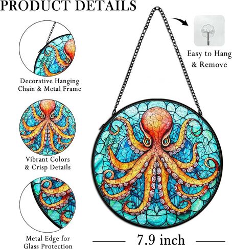 Coastal Beach Octopus Suncatcher Stained Glass Window Hanging Decor, Ocean Octopus Nautical Stained Glass Wall Decor Gifts, Beachy Sun Lawn Garden Catchers Window Hanging Wall Art, 7.9x7.9In in Saudi Arabia