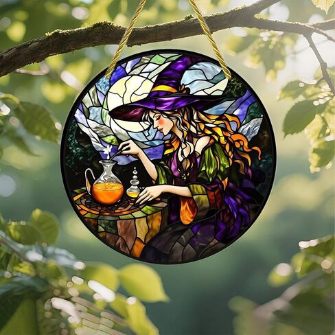 Colorful Acrylic Suncatcher, Stained Glass Witch Brewing Potion 7-inch Hanging Window Wall Art Decor with Printed Stained Glass Style Design, Gift Idea & Garden Ornament Indoor Outdoor Use in Kuwait