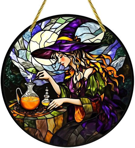 Colorful Acrylic Suncatcher, Stained Glass Witch Brewing Potion 7-inch Hanging Window Wall Art Decor with Printed Stained Glass Style Design, Gift Idea & Garden Ornament Indoor Outdoor Use in Kuwait
