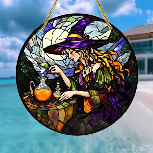 Colorful Acrylic Suncatcher, Stained Glass Witch Brewing Potion 7-inch Hanging Window Wall Art Decor with Printed Stained Glass Style Design, Gift Idea & Garden Ornament Indoor Outdoor Use in Kuwait