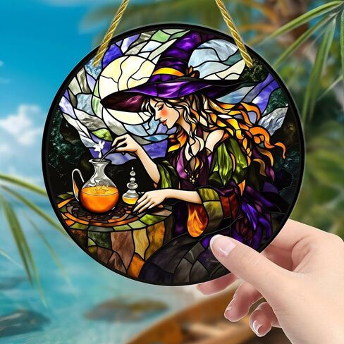 Colorful Acrylic Suncatcher, Stained Glass Witch Brewing Potion 7-inch Hanging Window Wall Art Decor with Printed Stained Glass Style Design, Gift Idea & Garden Ornament Indoor Outdoor Use in Kuwait