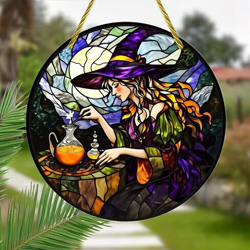 Colorful Acrylic Suncatcher, Stained Glass Witch Brewing Potion 7-inch Hanging Window Wall Art Decor with Printed Stained Glass Style Design, Gift Idea & Garden Ornament Indoor Outdoor Use in Kuwait