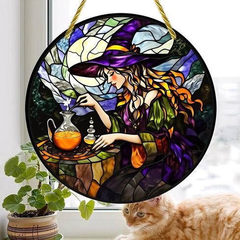 Colorful Acrylic Suncatcher, Stained Glass Witch Brewing Potion 7-inch Hanging Window Wall Art Decor with Printed Stained Glass Style Design, Gift Idea & Garden Ornament Indoor Outdoor Use in Kuwait