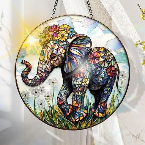 Colorful Acrylic Suncatcher, Elephant Hanging Window Decor with Printed Stained Glass Style Design Sun Catcher, Rainbow Maker Wall Art, Gift Idea & Garden Ornament Indoor Outdoor Use 7.8 x 7.8 inch in Kuwait