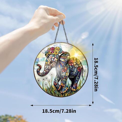 Colorful Acrylic Suncatcher, Elephant Hanging Window Decor with Printed Stained Glass Style Design Sun Catcher, Rainbow Maker Wall Art, Gift Idea & Garden Ornament Indoor Outdoor Use 7.8 x 7.8 inch in Kuwait