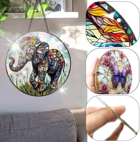 Colorful Acrylic Suncatcher, Elephant Hanging Window Decor with Printed Stained Glass Style Design Sun Catcher, Rainbow Maker Wall Art, Gift Idea & Garden Ornament Indoor Outdoor Use 7.8 x 7.8 inch in Kuwait