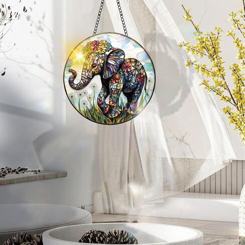 Colorful Acrylic Suncatcher, Elephant Hanging Window Decor with Printed Stained Glass Style Design Sun Catcher, Rainbow Maker Wall Art, Gift Idea & Garden Ornament Indoor Outdoor Use 7.8 x 7.8 inch in Kuwait
