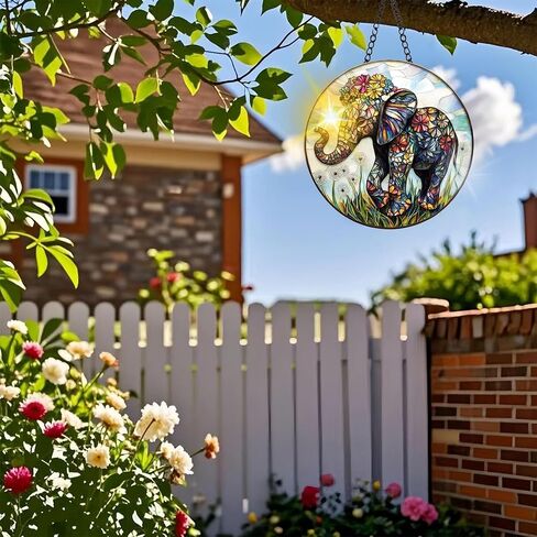 Colorful Acrylic Suncatcher, Elephant Hanging Window Decor with Printed Stained Glass Style Design Sun Catcher, Rainbow Maker Wall Art, Gift Idea & Garden Ornament Indoor Outdoor Use 7.8 x 7.8 inch in Kuwait
