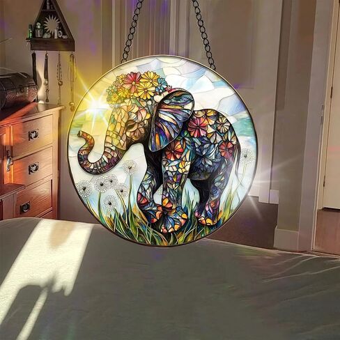 Colorful Acrylic Suncatcher, Elephant Hanging Window Decor with Printed Stained Glass Style Design Sun Catcher, Rainbow Maker Wall Art, Gift Idea & Garden Ornament Indoor Outdoor Use 7.8 x 7.8 inch in Kuwait