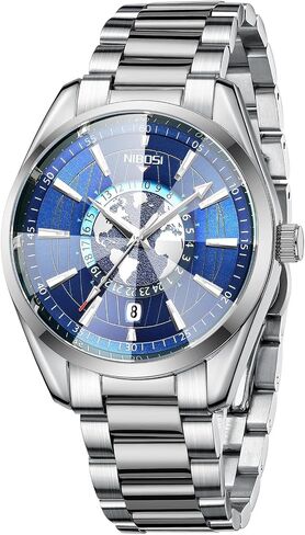 NIBOSI Mens Watches Business Dress Analog Quartz Stainless Steel Silver Blue Watches for Men Classic Casual Waterproof Two Tone Wrist Watch with Date in Saudi Arabia