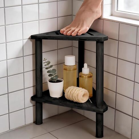 Yoshiky Shower Foot Rest 15in, Shower Stool for Shaving Legs, Waterproof Wood Corner Shower Stool with Storage Shelf for Inside Small Shower Spaces, Bamboo in Saudi Arabia