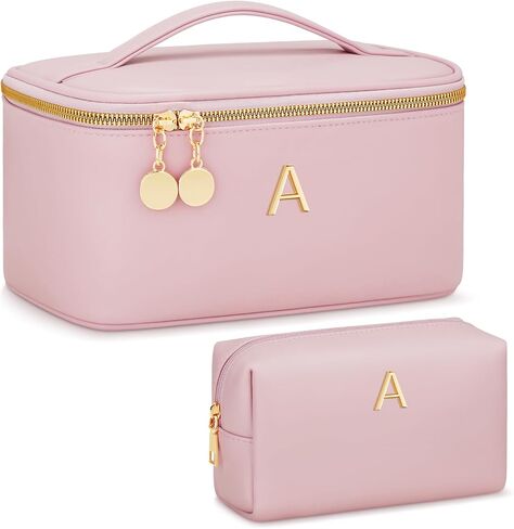 Personalized Initial Makeup Bag Gifts for Women, Large Travel Cosmetic Organizer with Handle & Divider, PU Leather Toiletry Bag for Girls, Birthday Bridesmaid Gift Set - Beige - A in Saudi Arabia