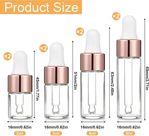 8 Pack Eye Dropper Bottle Rose for Essential Oils Mini Dropper Bottle Glass Vials Bottles Empty Travel Oil Droppings Bottles with Cap for Essence Liquid Cosmetic Containers (2ml, 3ml, 4ml, 5ml) in Saudi Arabia