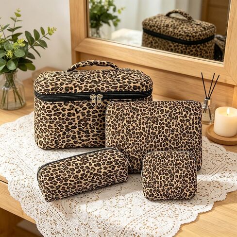 GISMTR 4Pcs Quilted Makeup Bag Set Cute Floral Cosmetic Bag Cotton Coquette Make up Bag Aesthetic Travel Toiletry Bag for Women Girls in Saudi Arabia