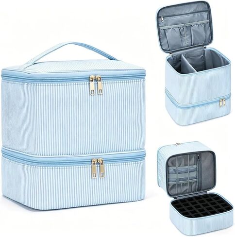 Nail Polish Organizer Bag Nail Supplies Organizer Holds 30 Bottles Nail 2 Layers Detachable Nail Kit Storage Case (Blue Stripes) in Saudi Arabia