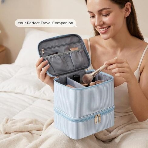 Nail Polish Organizer Bag Nail Supplies Organizer Holds 30 Bottles Nail 2 Layers Detachable Nail Kit Storage Case (Blue Stripes) in Saudi Arabia
