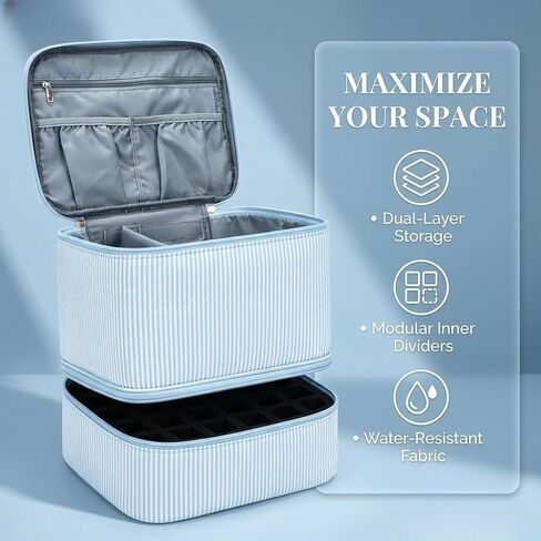 Nail Polish Organizer Bag Nail Supplies Organizer Holds 30 Bottles Nail 2 Layers Detachable Nail Kit Storage Case (Blue Stripes) in Saudi Arabia