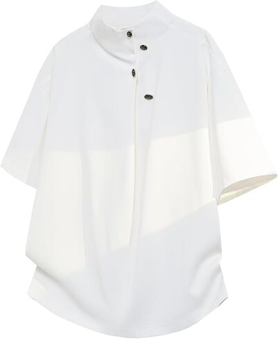 GURUNVANI Men's Mock Neck T-Shirt Asymmetric Button Detail Loose Fit Solid Color Casual Tee in Saudi Arabia