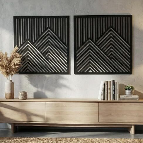 River's Edge Essentials Wood Mountain Wall Decor – Modern Wood Wall Art for Living Room, Bedroom & Cabin | Wooden Mountain Wall Art Decor | Rustic Geometric Nature Panels, Set of 2 - Large 21.5" in Saudi Arabia