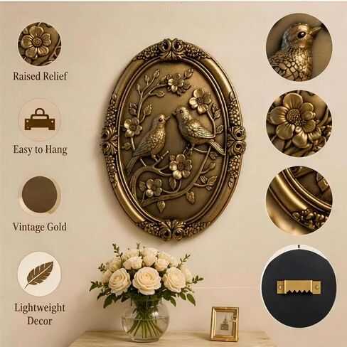 UULENNYM Vintage Decor, Wall Sculptures, Gold Bird Flower Relief Wall Art, 10.24x8.27x0.59 Inch 1.32lb for Living Room Bedroom Bathroom Office in Saudi Arabia