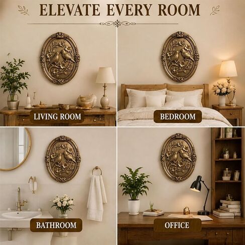 UULENNYM Vintage Decor, Wall Sculptures, Gold Bird Flower Relief Wall Art, 10.24x8.27x0.59 Inch 1.32lb for Living Room Bedroom Bathroom Office in Saudi Arabia