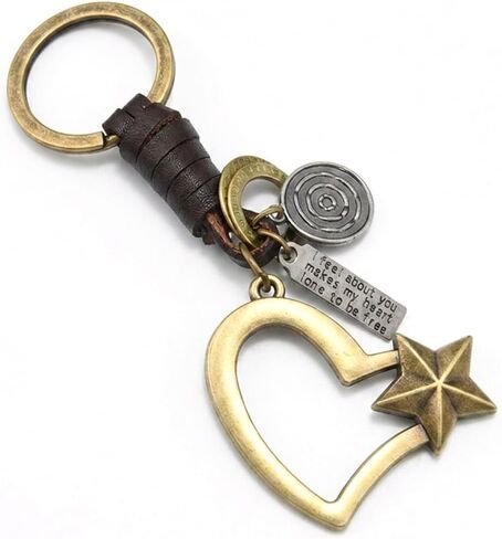 Vintage Bronze Leather Keychain, Punk Metal Pendant Brass Copper Key Ring, Graduation Car Gift for Men Women in Saudi Arabia