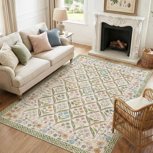 jinchan Haden 5x7 Vintage Floral Area Rug for Living Room Bedroom Soft Non-Slip Low Pile Washable Cottage Decor Dining Room Home Office Girls Dorm Carpet Sage Green in Kuwait
