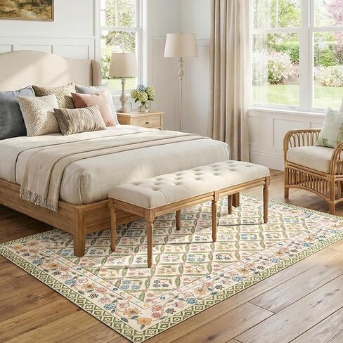 jinchan Haden 5x7 Vintage Floral Area Rug for Living Room Bedroom Soft Non-Slip Low Pile Washable Cottage Decor Dining Room Home Office Girls Dorm Carpet Sage Green in Kuwait